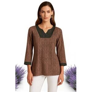Sigrid Olsen Embellished Sequin V Neck Cotton Silk 3/4 Sleeve Tunic Top- M
